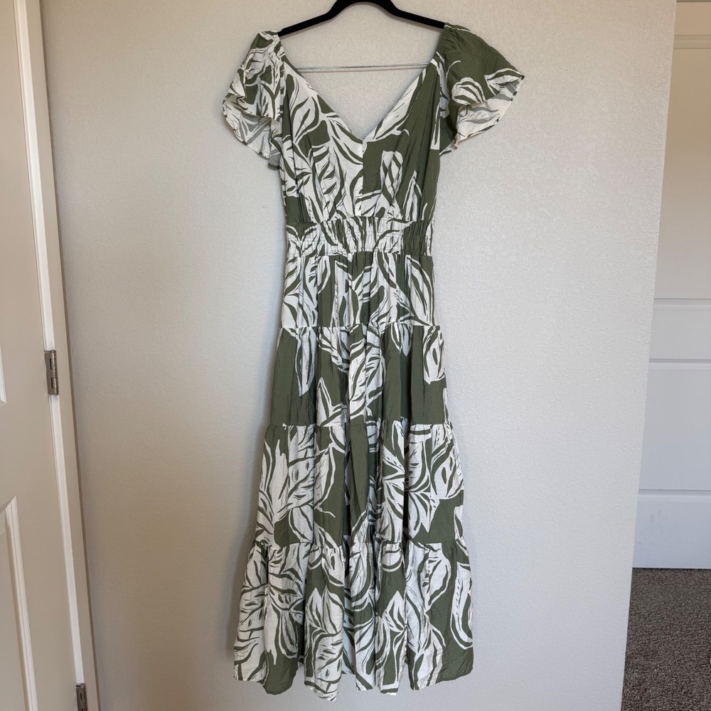 Rachel Zoe Olive Green White Palm Leaf Tiered Maxi Dress Smocked Waist Medium